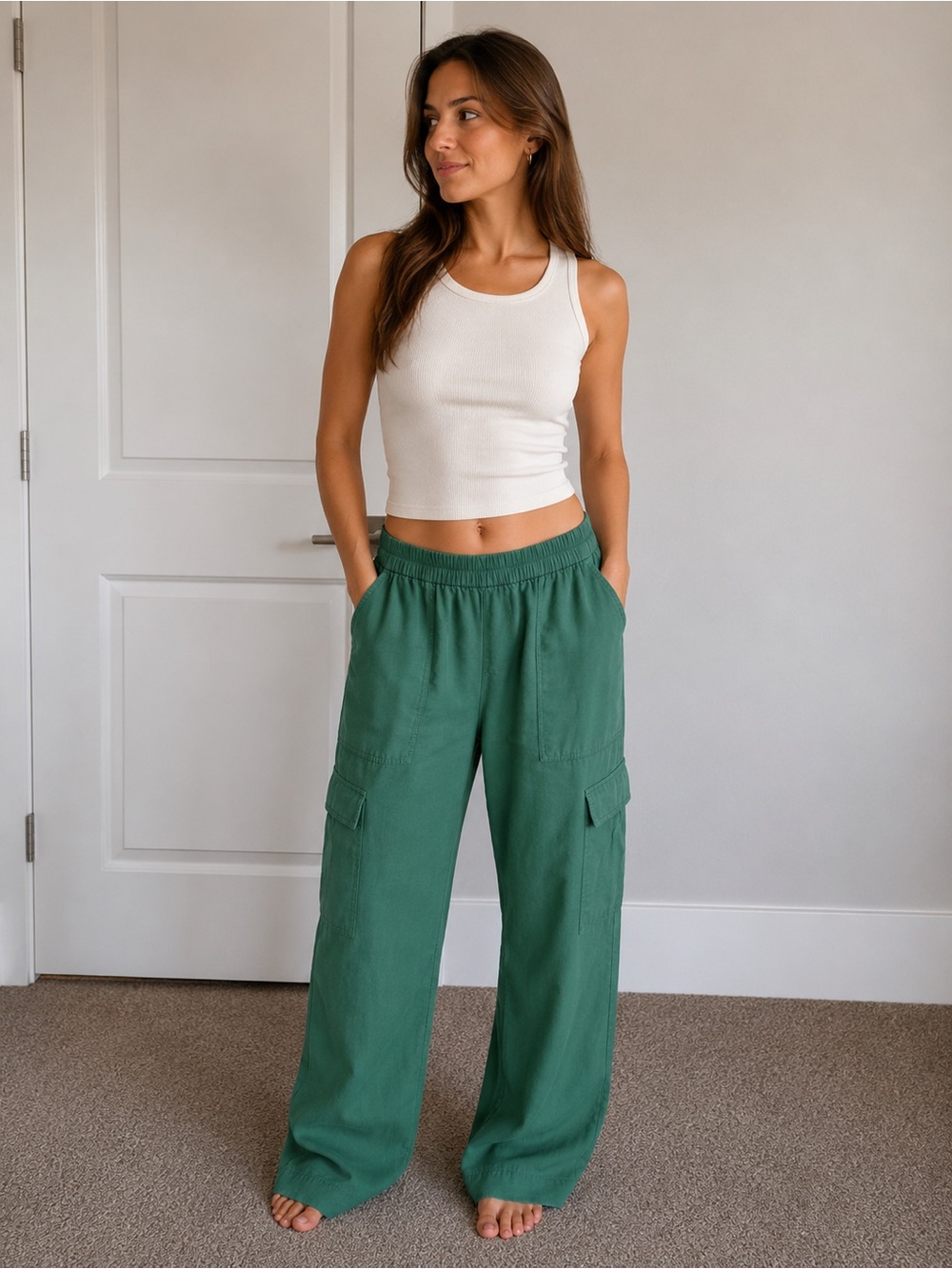 Womens Elastic Waist Cargo Pants - Green